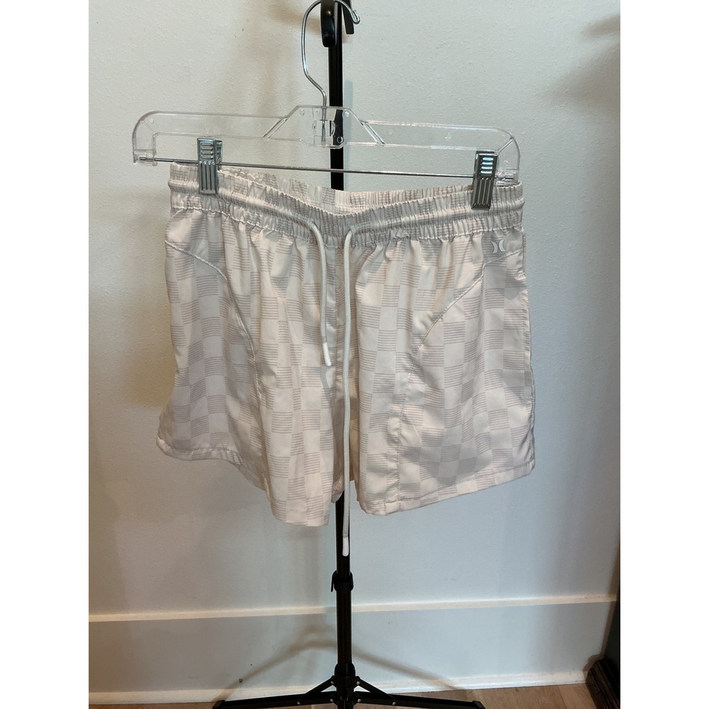 Hurley Womens athletic Shorts Beige White Checkered Drawstring Shorts Small - Picture 1 of 5